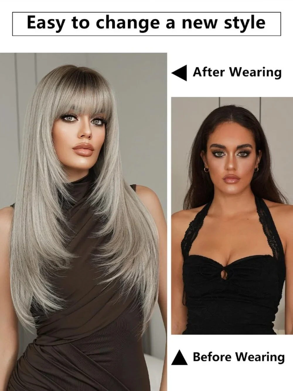 Women's Grey Blonde 26 Inch Heat Resistant Synthetic Long Straight Wigs Bangs